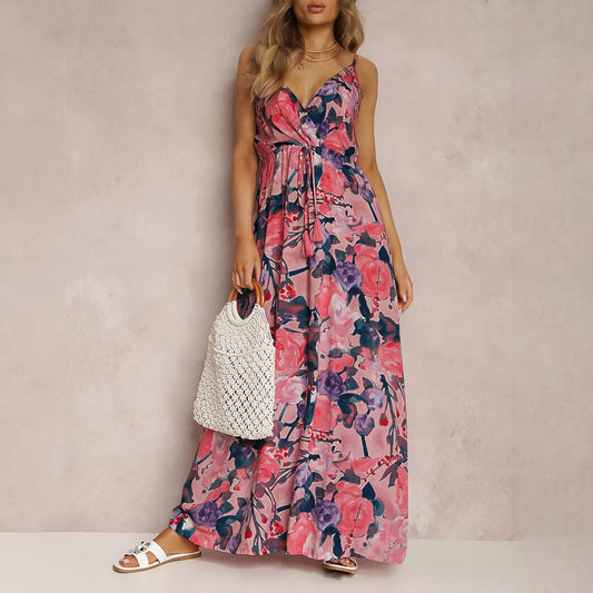 Abito Maxi Bohemien Chic – Elegante scollo a V con vita alta e cordino regolabile